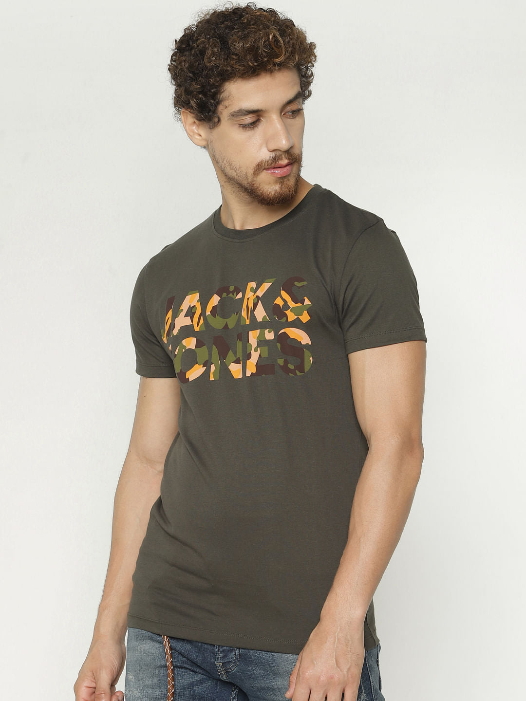 Green Camo Print Crew Neck T-Shirt