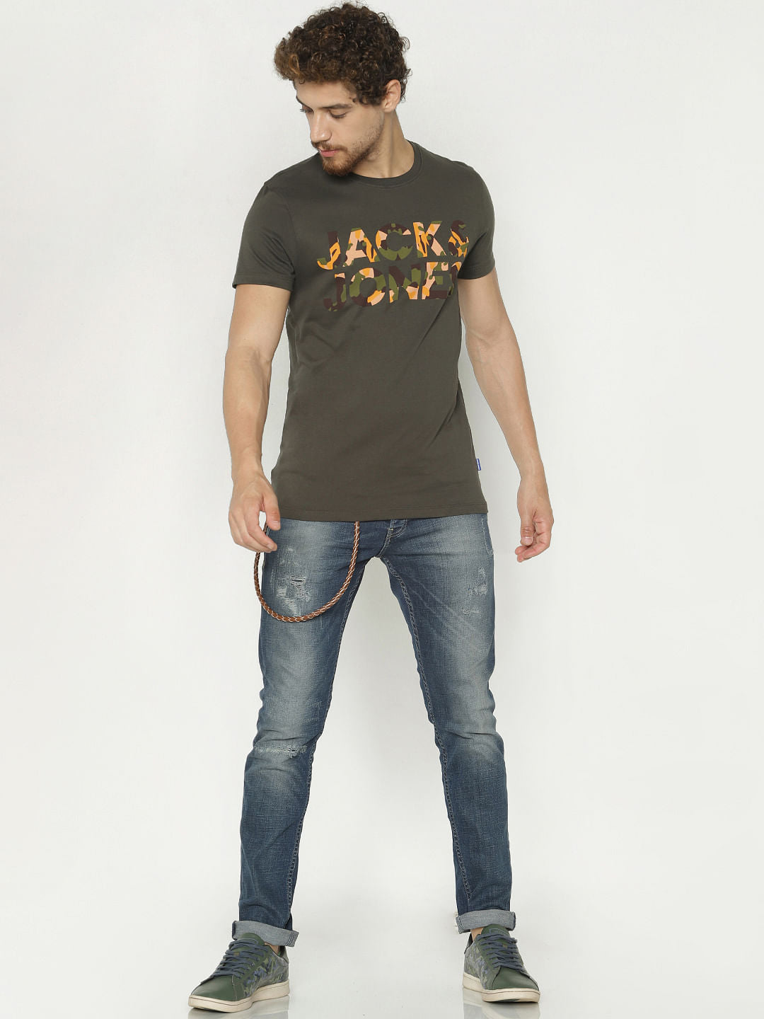 Green Camo Print Crew Neck T-Shirt