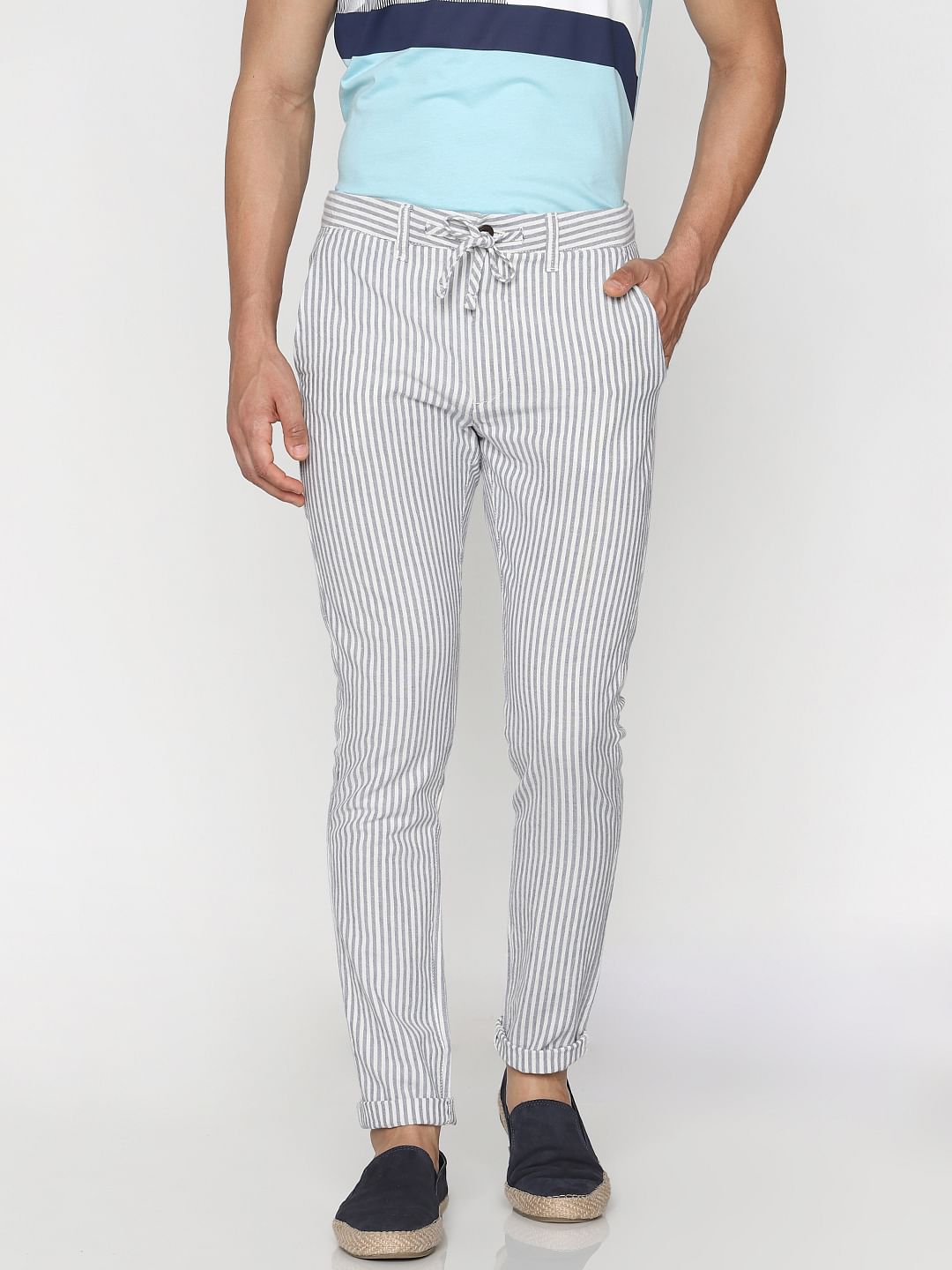 White Striped Drawstring Pants
