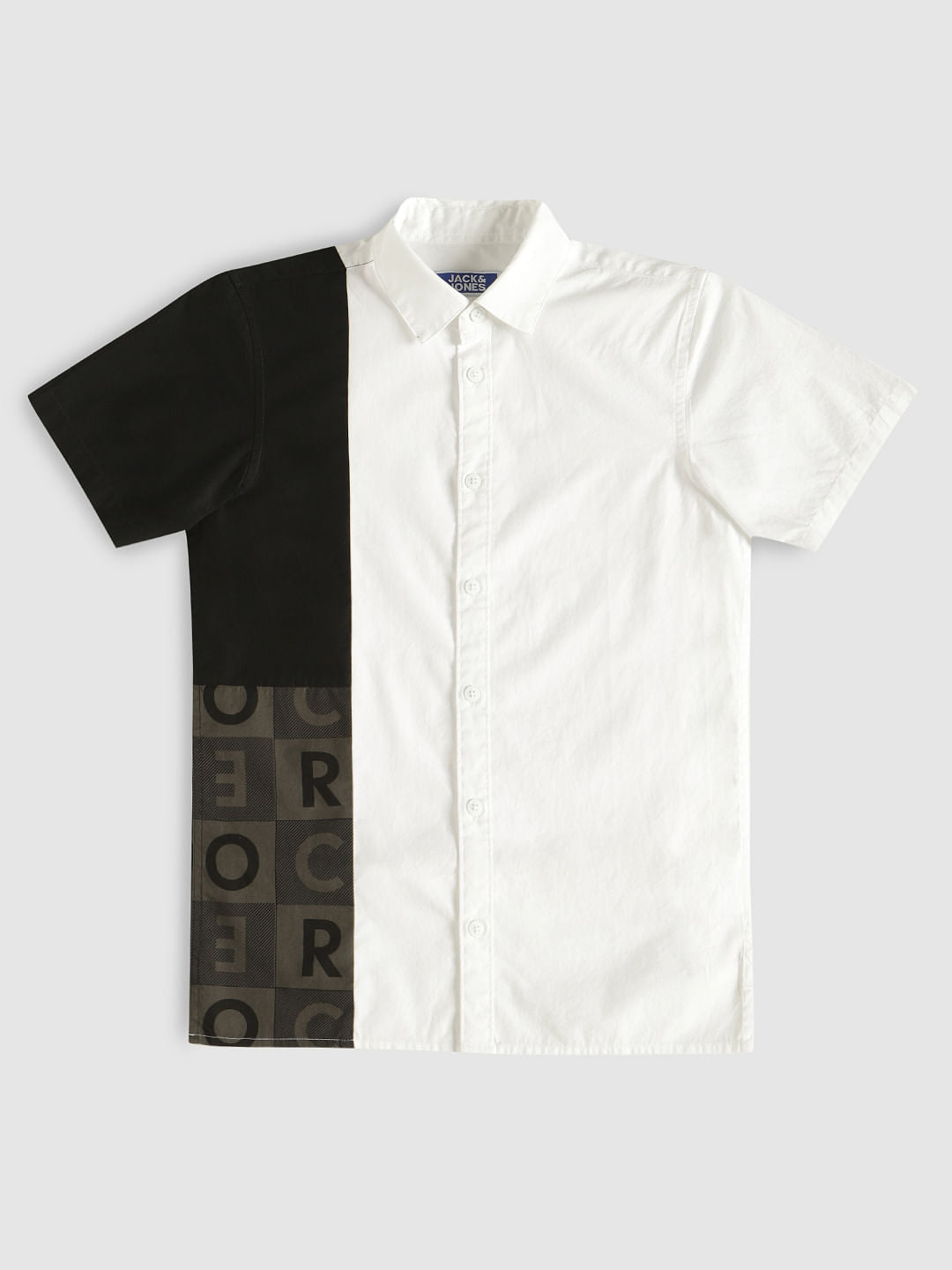 Boys White Colour Blocked Printed Shirt