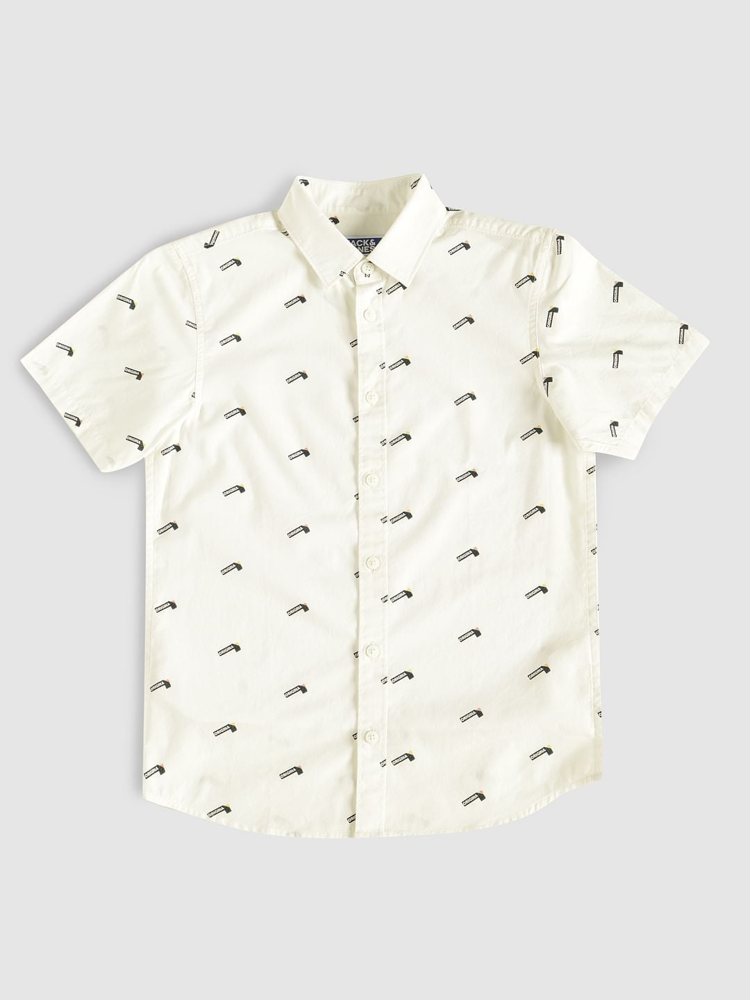 Boys White Printed Short Sleeves Shirt