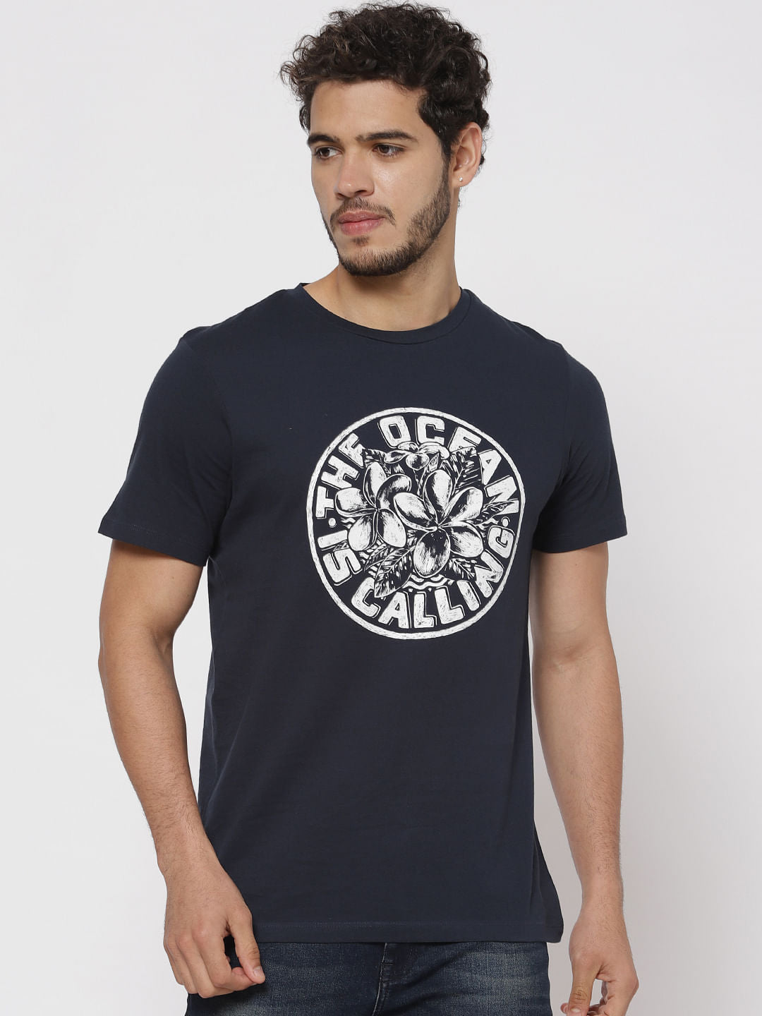 Blue Typographic Print Crew Neck T-Shirt