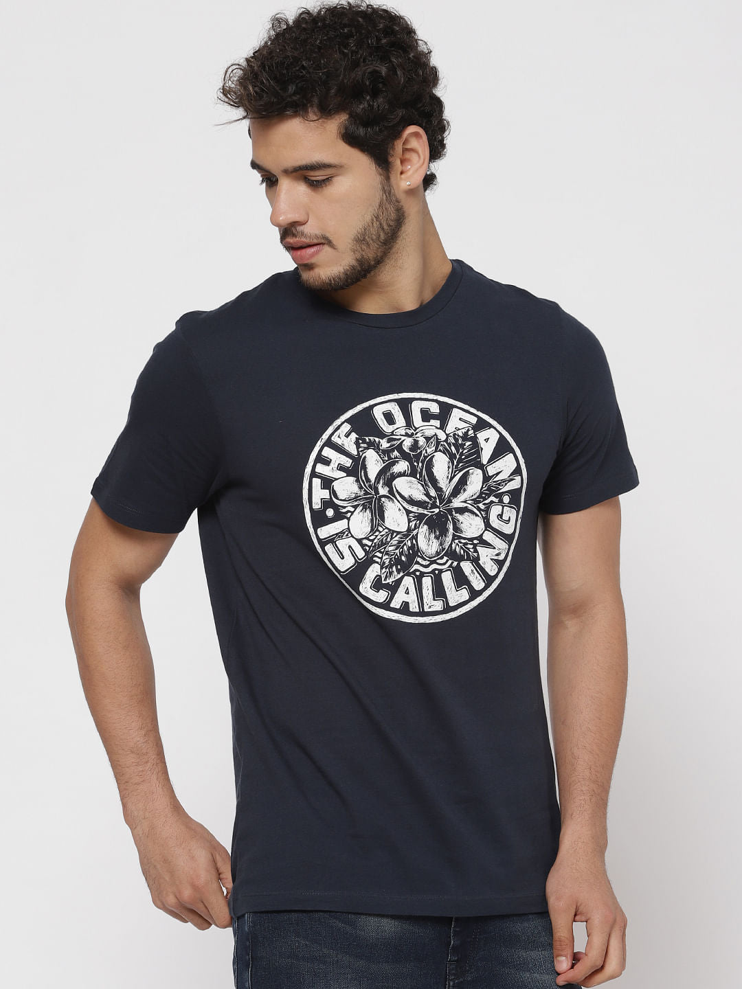 Blue Typographic Print Crew Neck T-Shirt