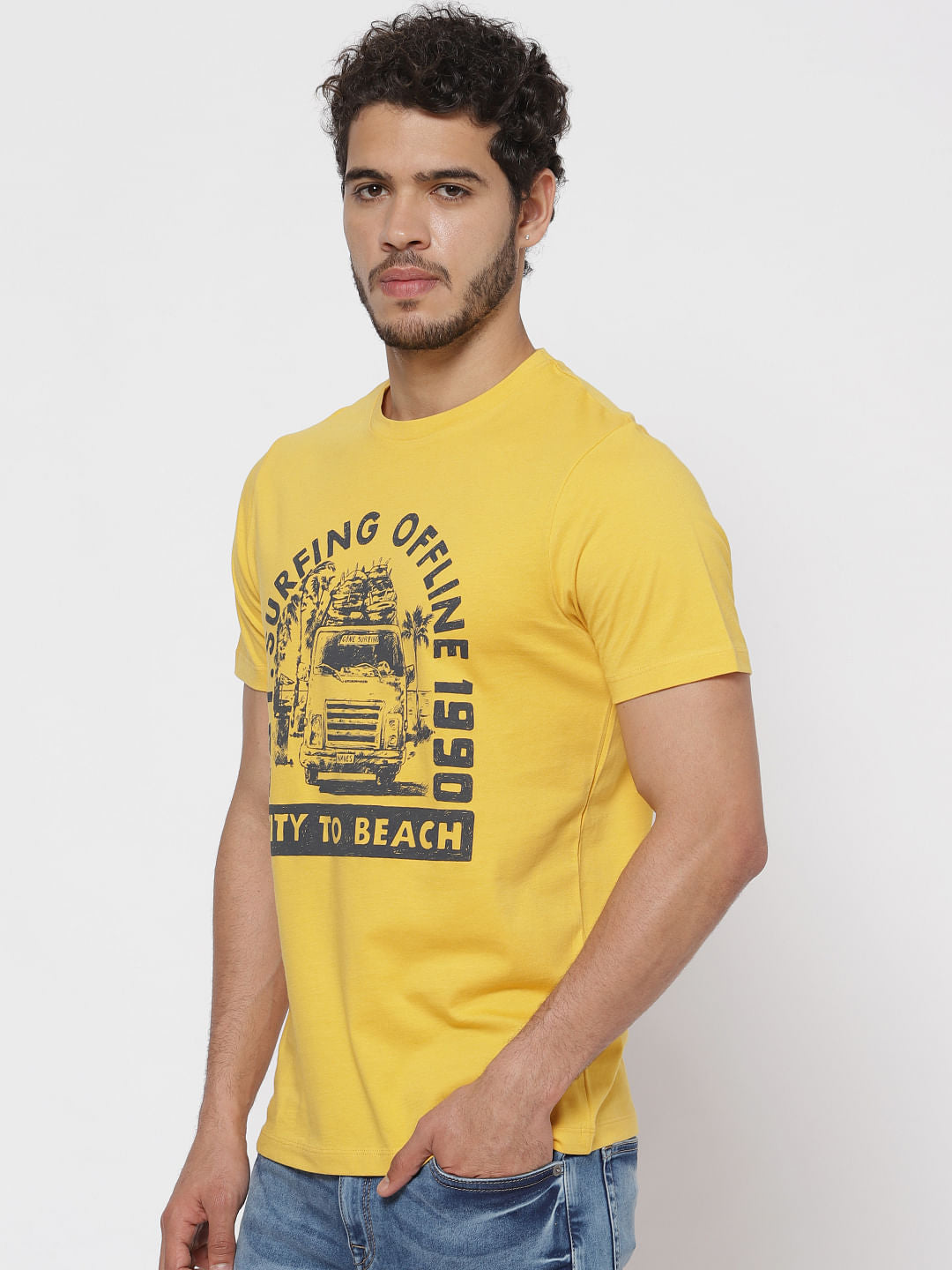 Yellow Printed Crew Neck T-Shirt