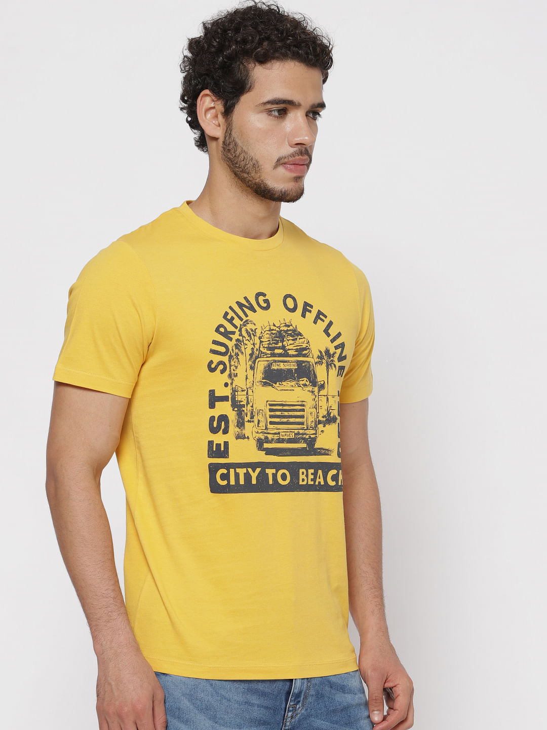 Yellow Printed Crew Neck T-Shirt