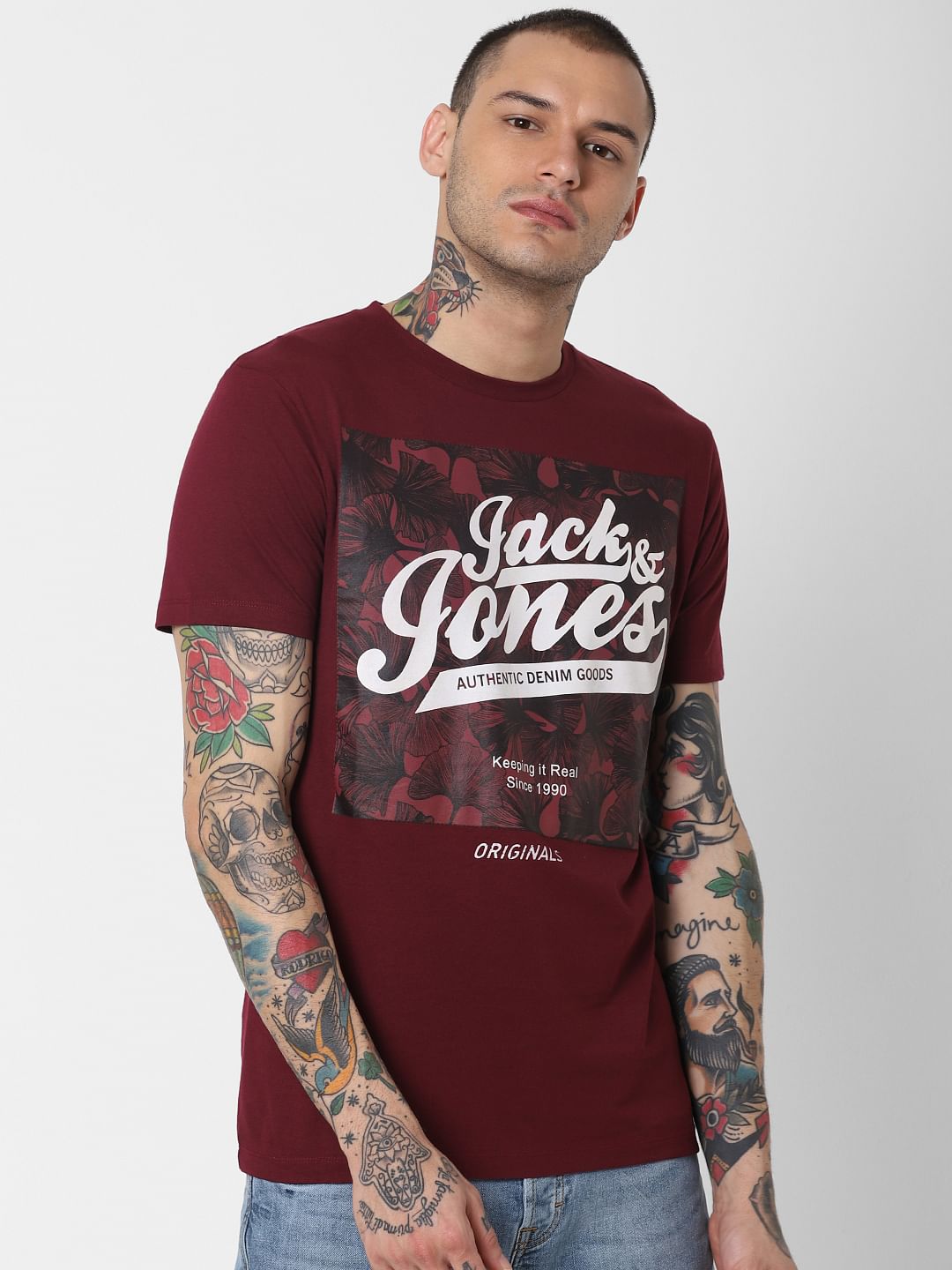 Burgundy Logo Print Crew Neck T-Shirt