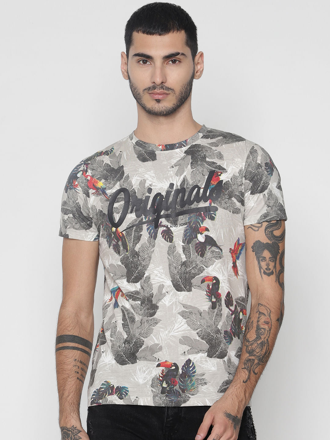 Grey All Over Print Crew Neck T-Shirt - S
