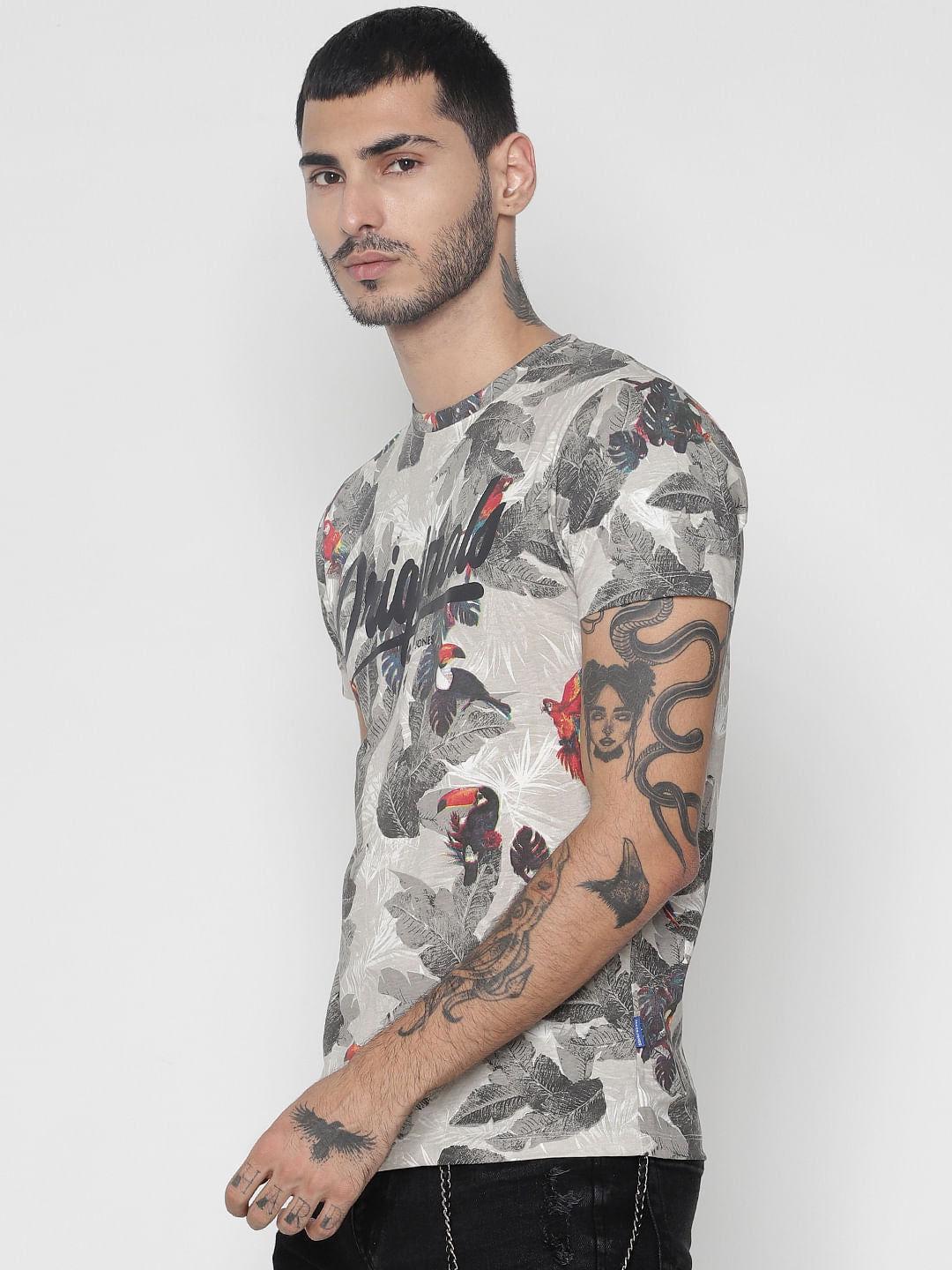 Grey All Over Print Crew Neck T-Shirt
