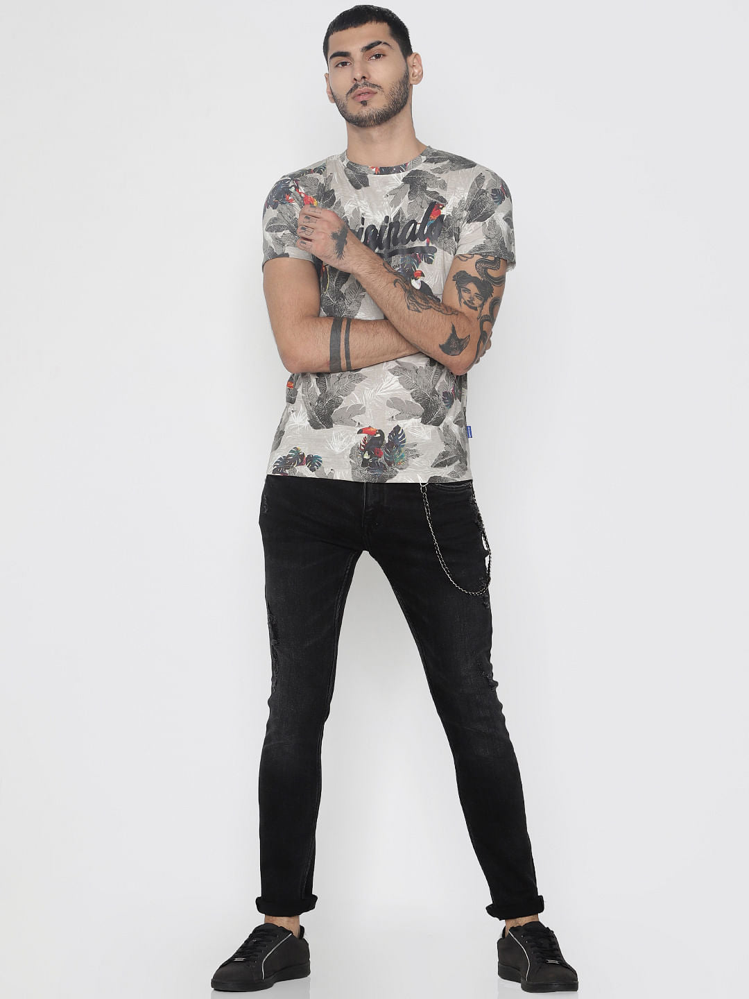 Grey All Over Print Crew Neck T-Shirt