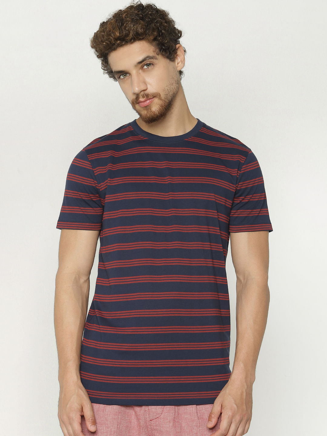 Navy Blue Striped Crew Neck T-Shirt