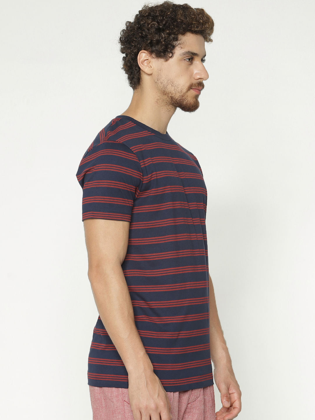 Navy Blue Striped Crew Neck T-Shirt