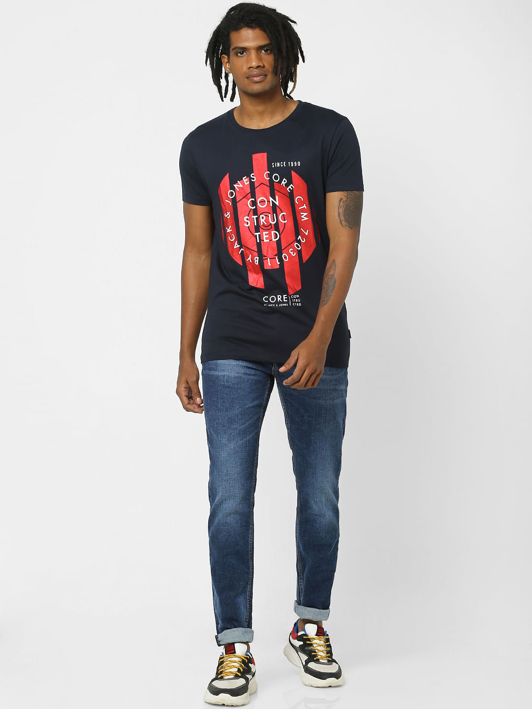 Blue Text Print Crew Neck T-shirt - S