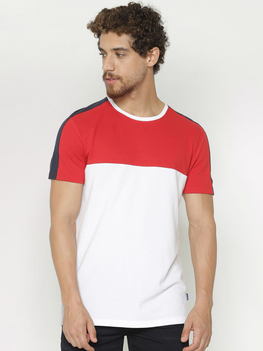 White Colour Blocked Crew Neck T-Shirt - S