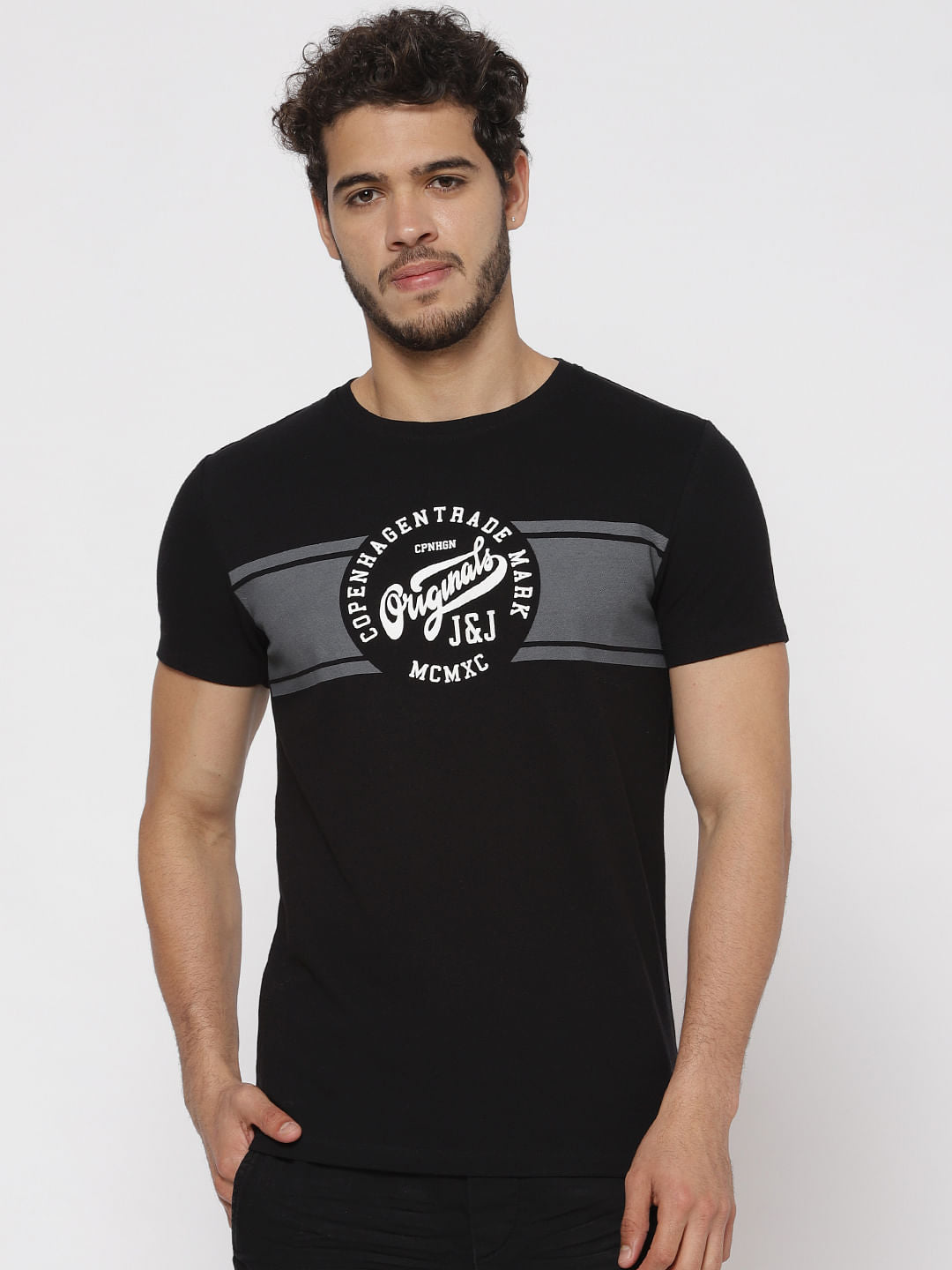 Black Text Print Crew Neck T-Shirt - S