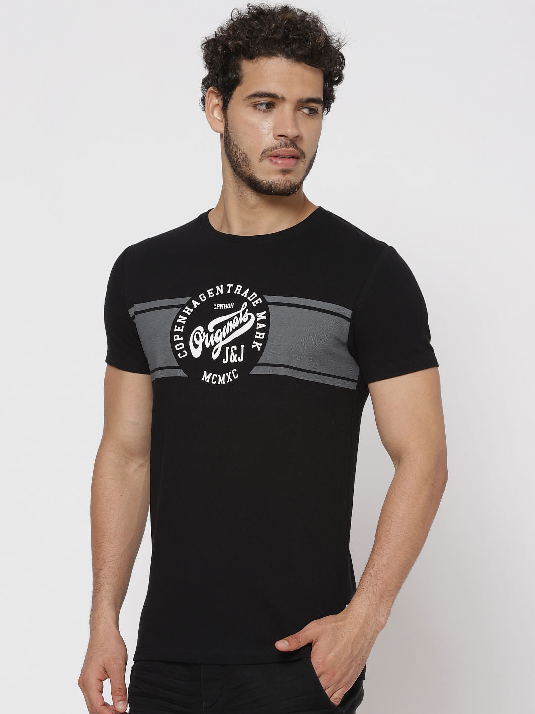 Black Text Print Crew Neck T-Shirt