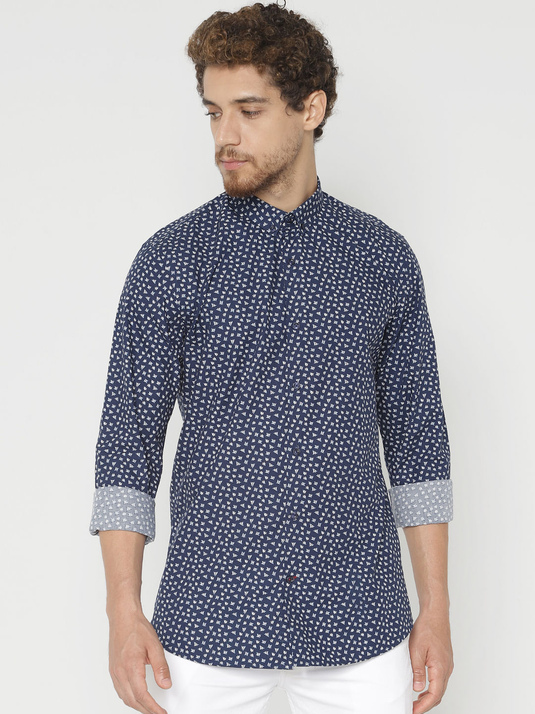 Navy Blue Printed Full Sleeves Shirt - S