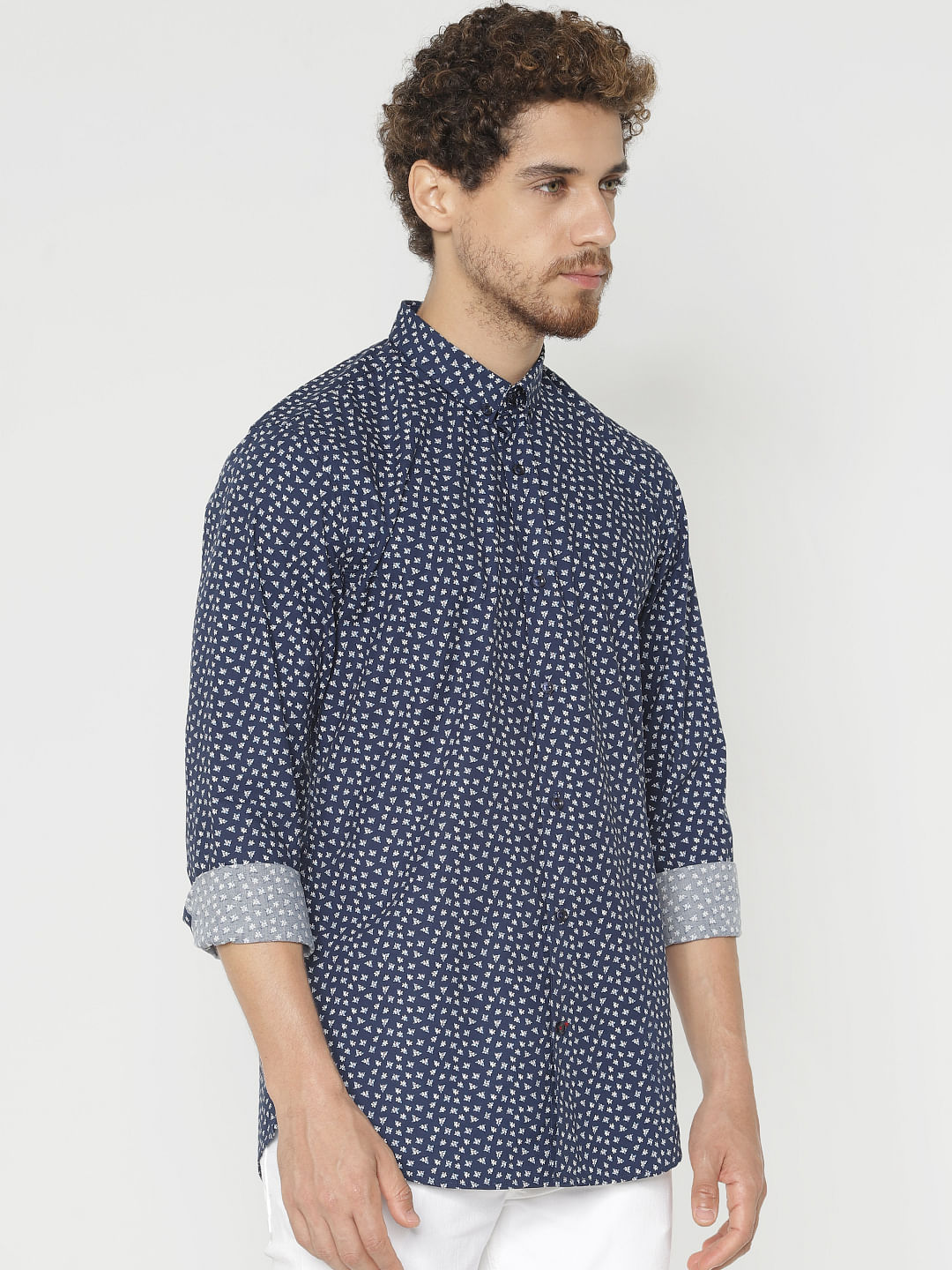 Navy Blue Printed Full Sleeves Shirt
