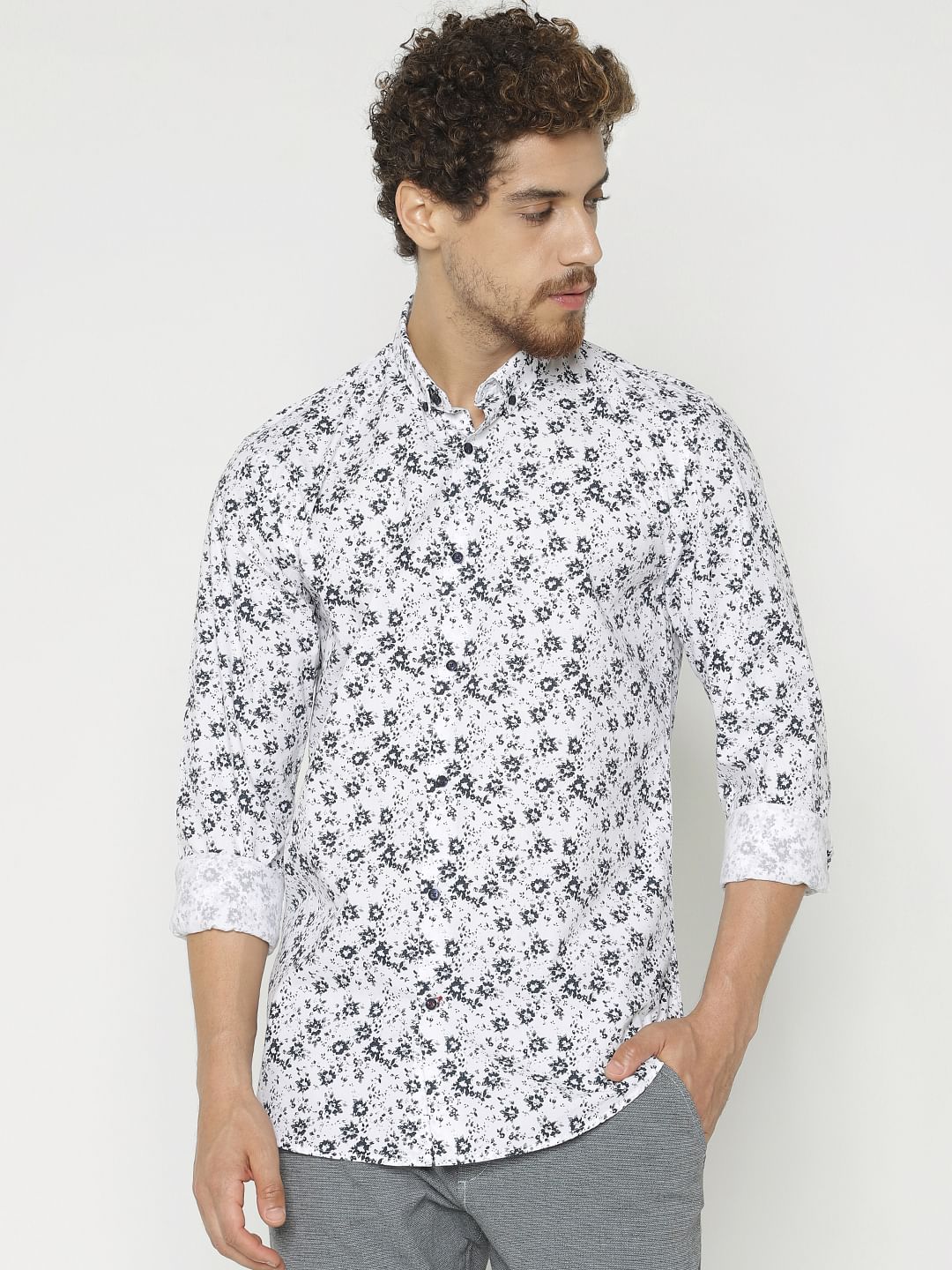 White All Over Print Full Sleeves Shirt - S