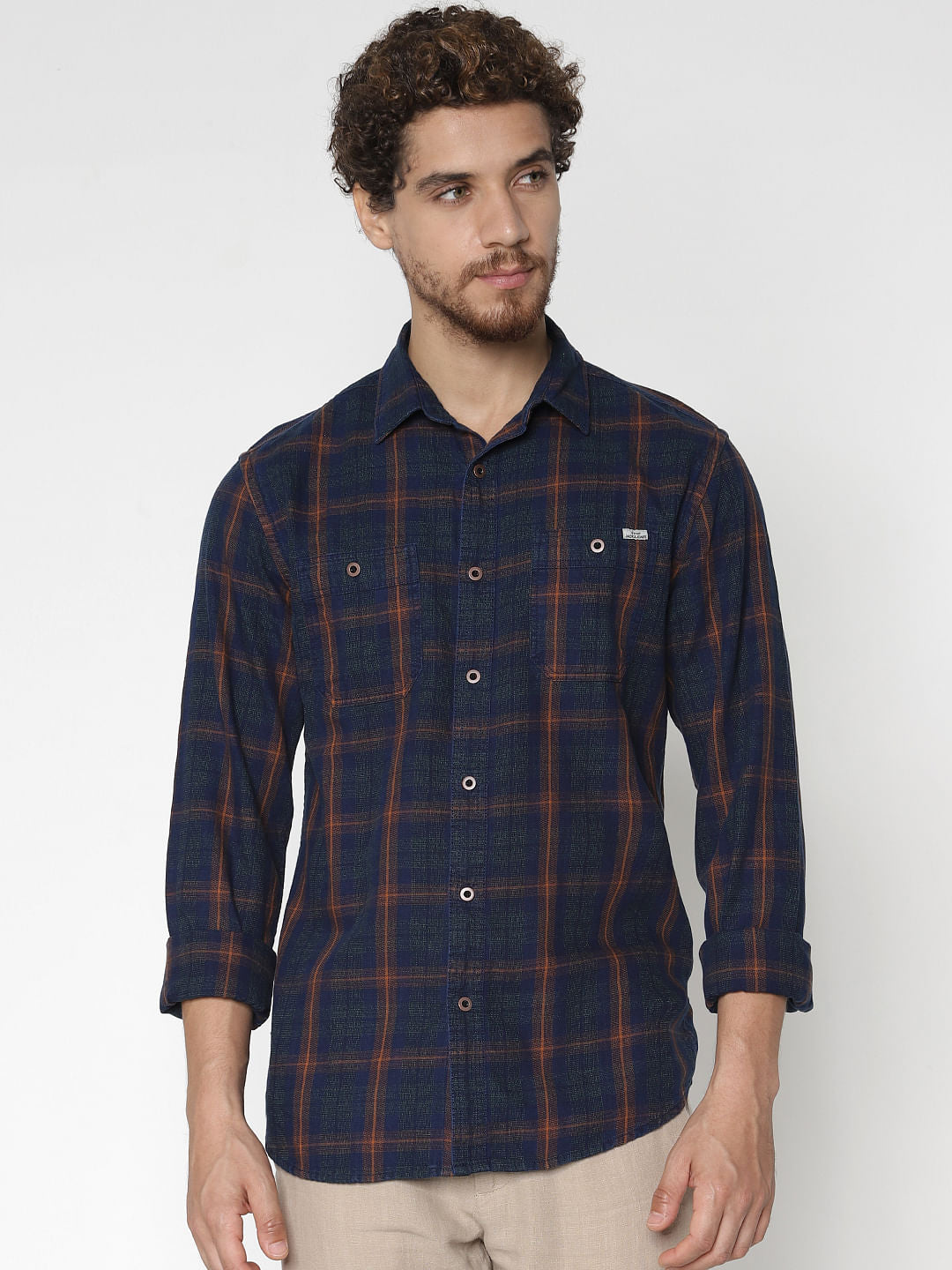 Blue Check Denim Full Sleeves Shirt - S