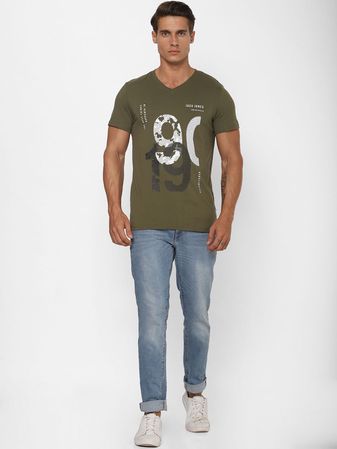 Green Logo Print V Neck T-shirt Online in India - Flat 30% Off - M