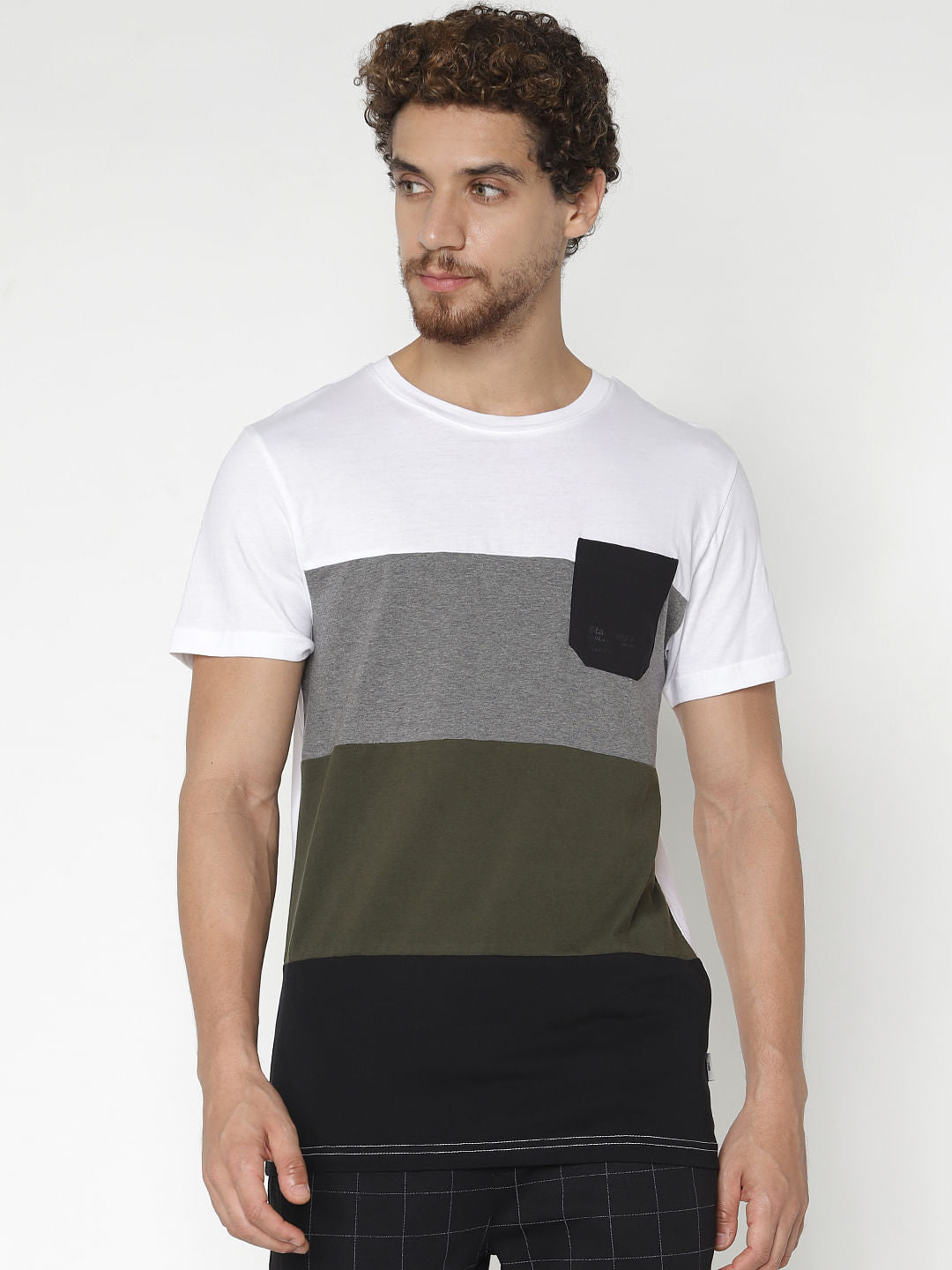 White Colour Blocked Crew Neck T-Shirt - S
