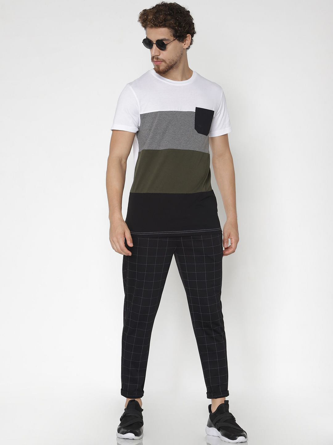 White Colour Blocked Crew Neck T-Shirt