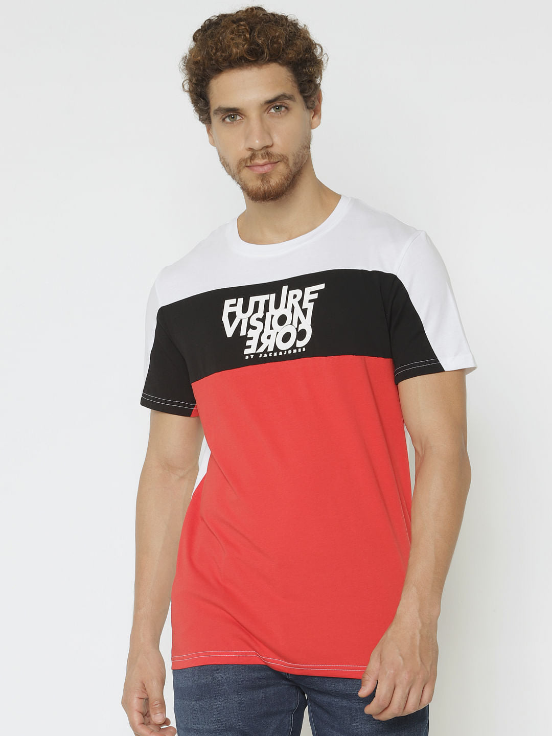 White Colour Blocked Crew Neck T-Shirt