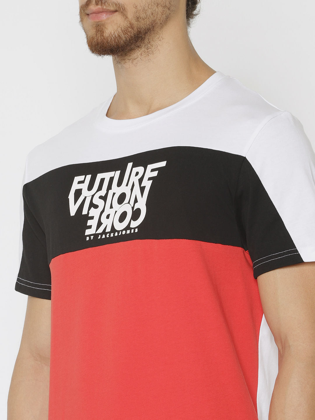White Colour Blocked Crew Neck T-Shirt