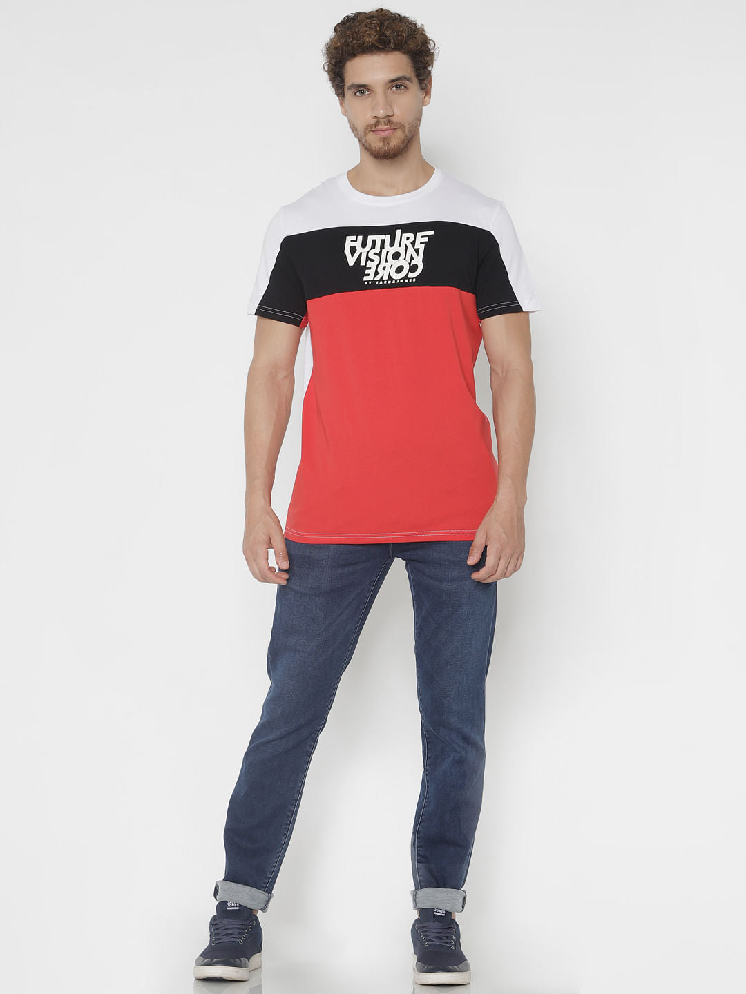 White Colour Blocked Crew Neck T-Shirt