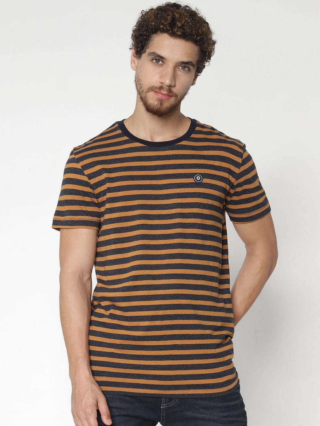 Brown Striped Crew Neck T-Shirt - S