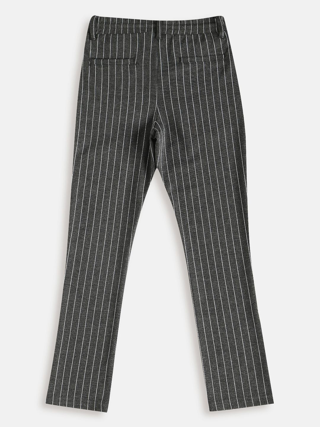 Boys Grey Mid Rise Striped Pants