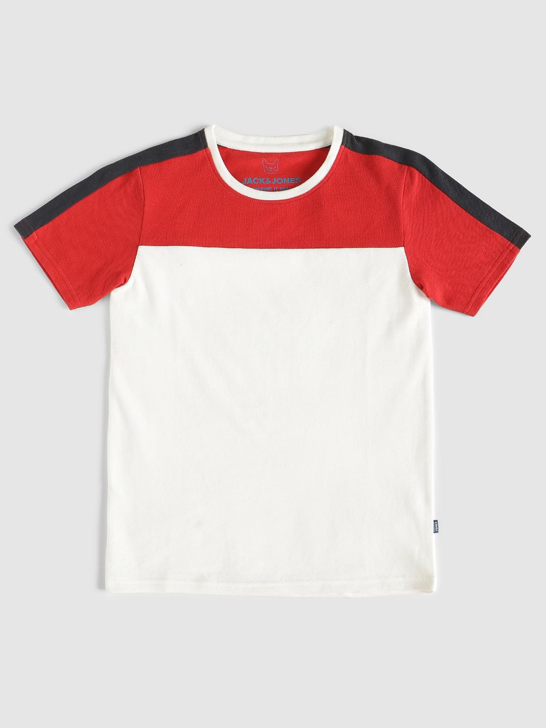 Boys White Colour Blocked Crew Neck T-Shirt