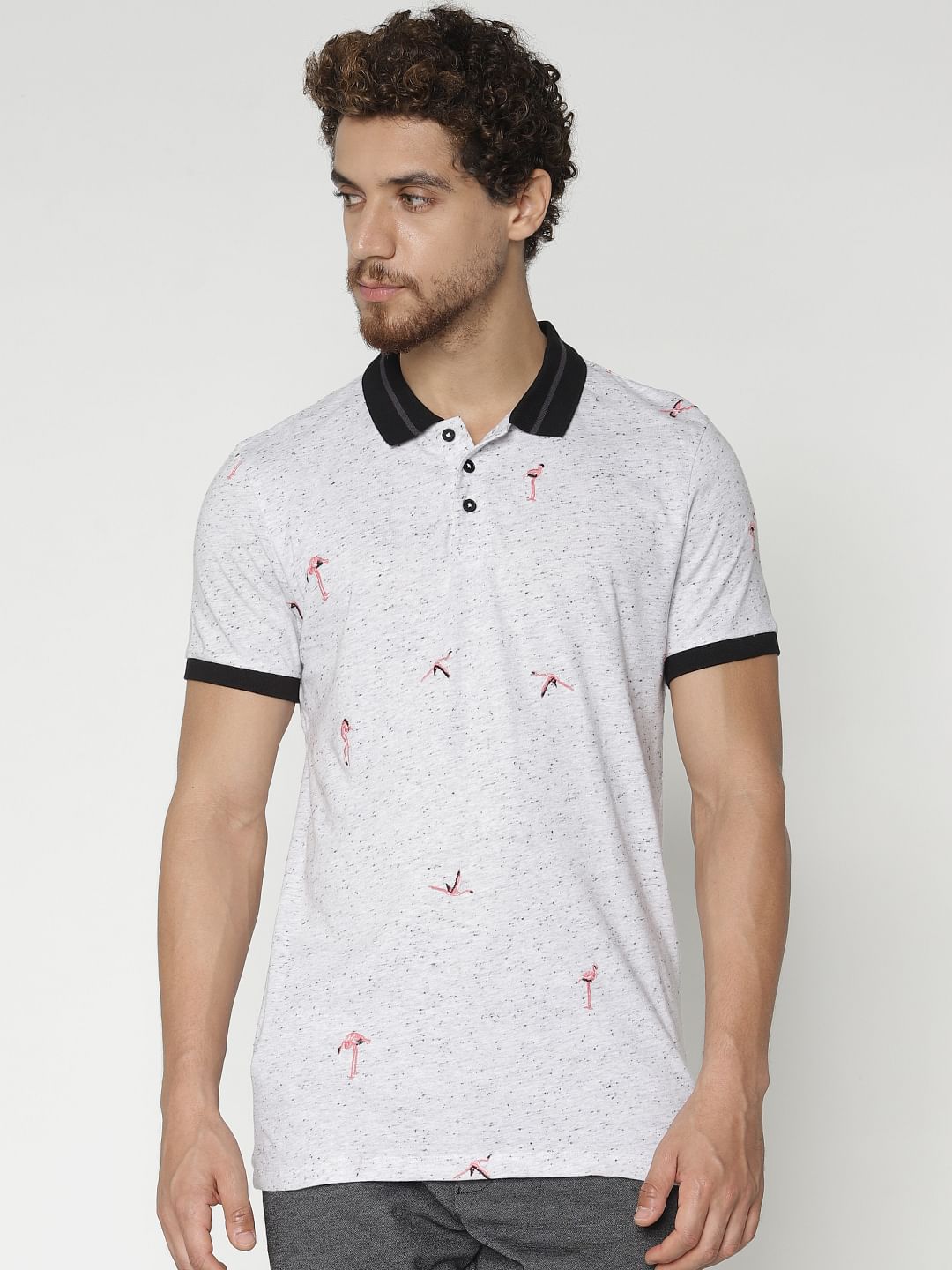 White Printed Polo Neck T-Shirt - S