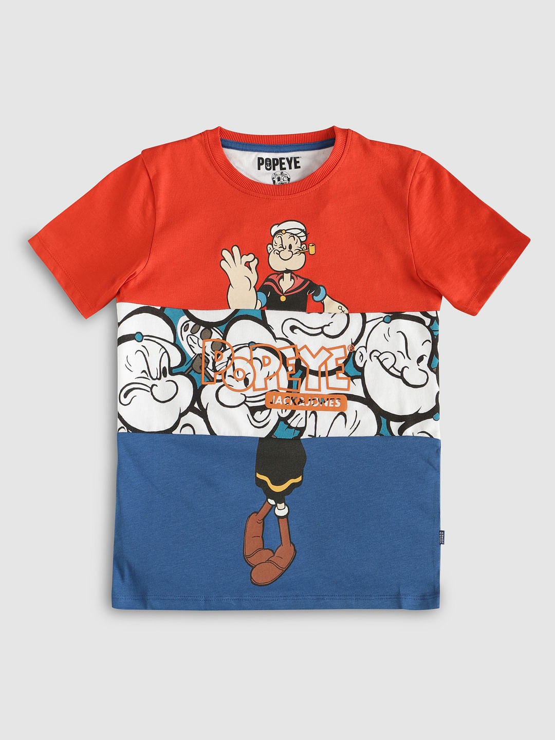 Boys X Popeye Red Colour Blocked Crew Neck T-Shirt