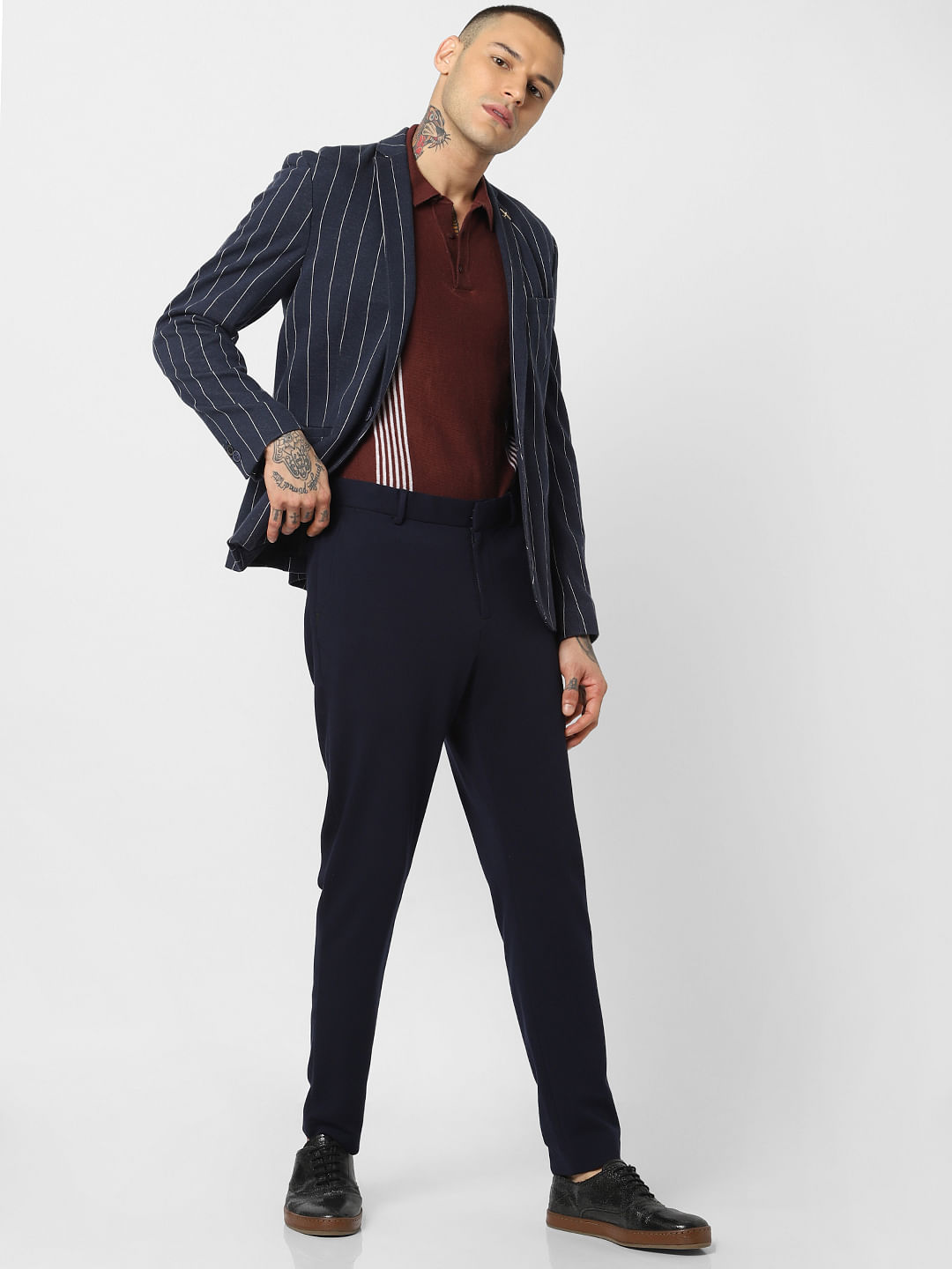 Dark Brown Striped Polo Neck T-Shirt - S