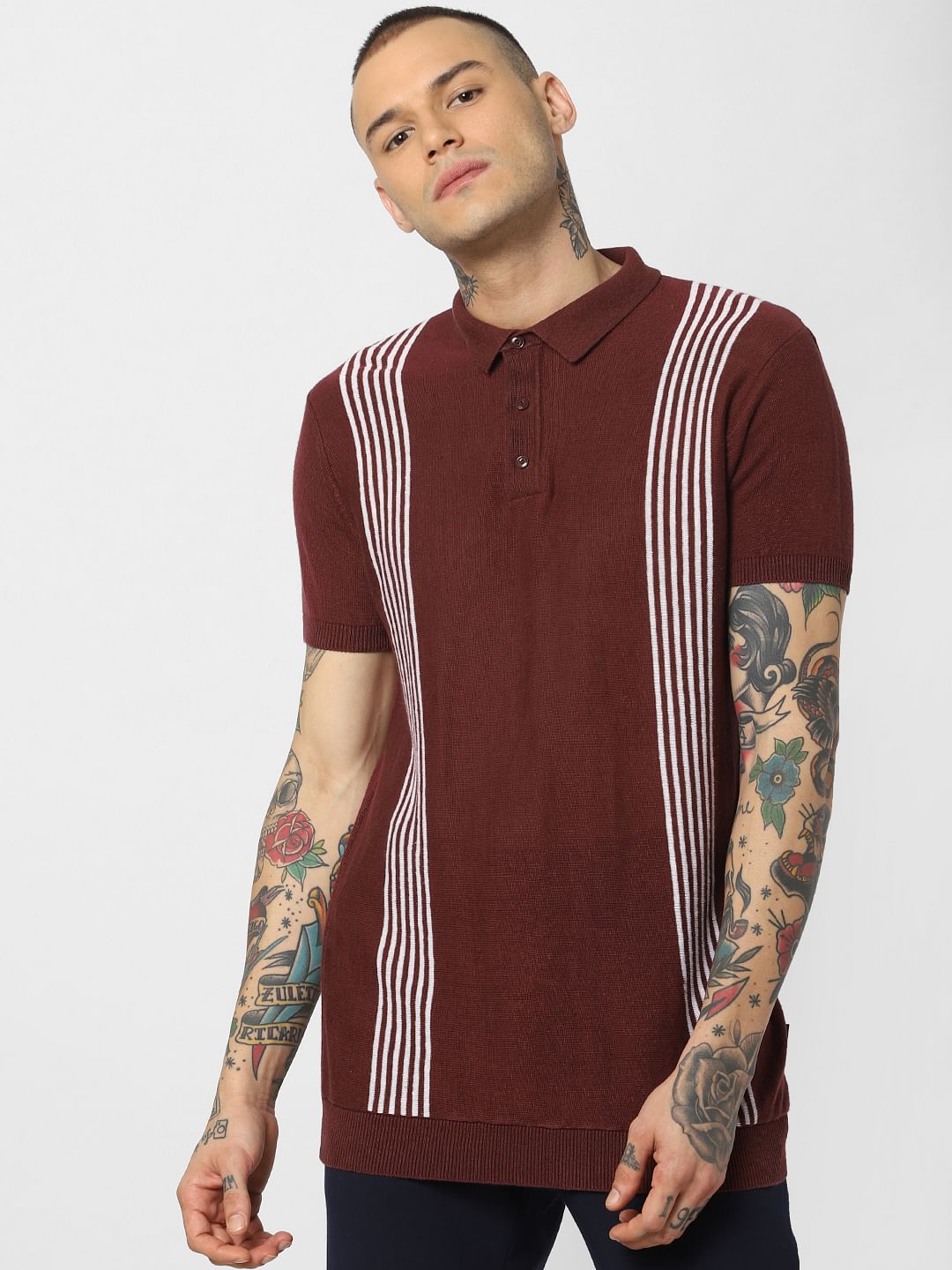 Dark Brown Striped Polo Neck T-Shirt