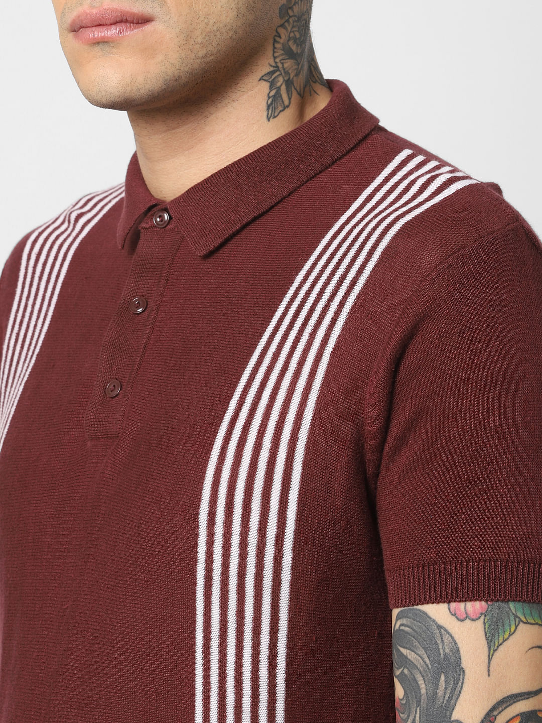 Dark Brown Striped Polo Neck T-Shirt