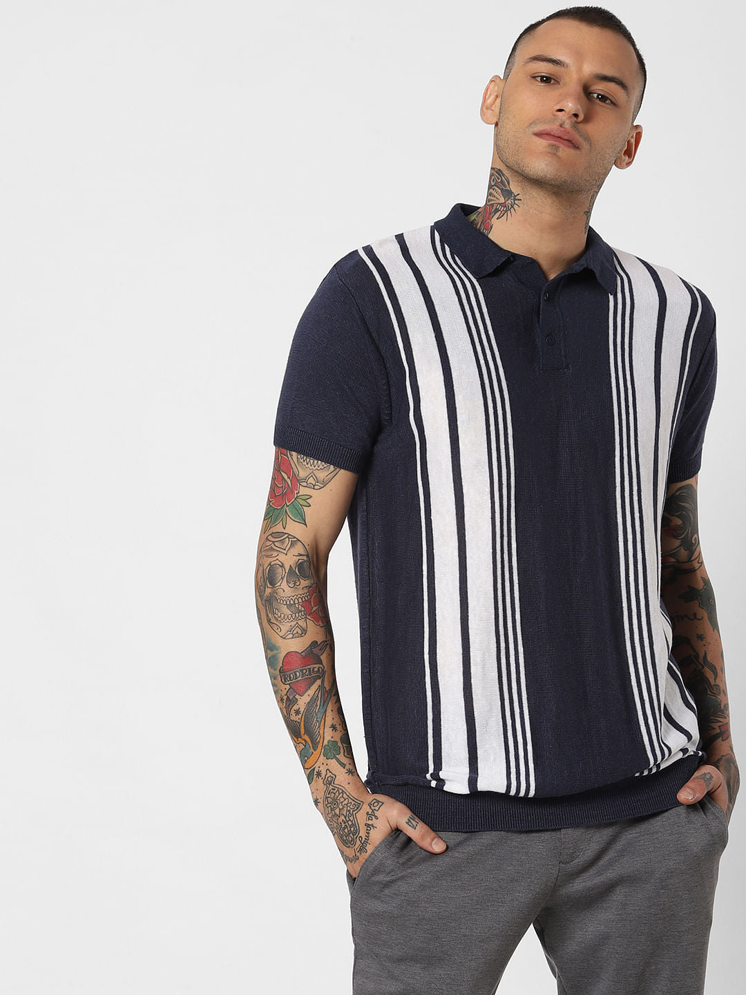 Blue Striped Polo Neck T-Shirt - S
