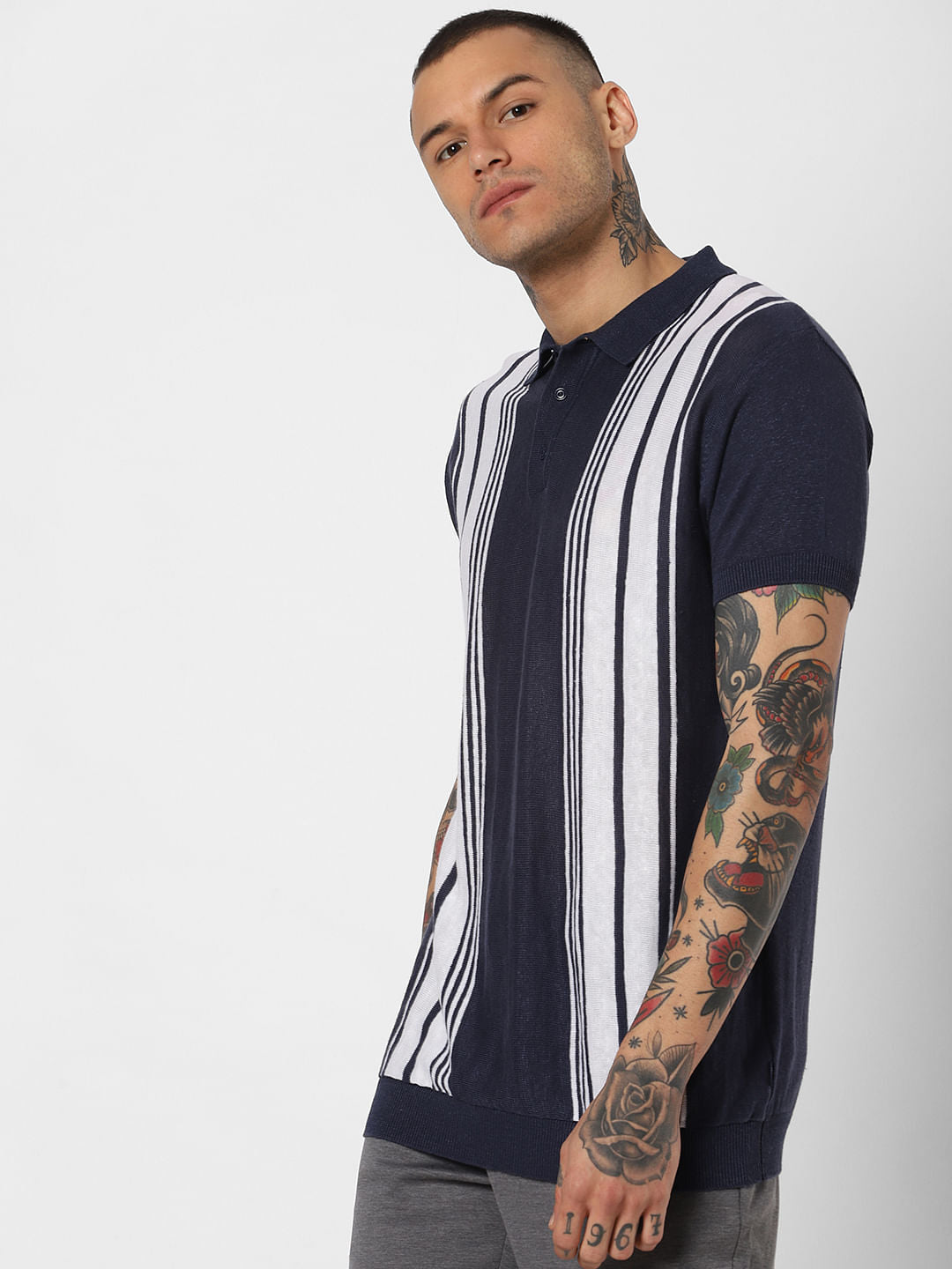 Blue Striped Polo Neck T-Shirt