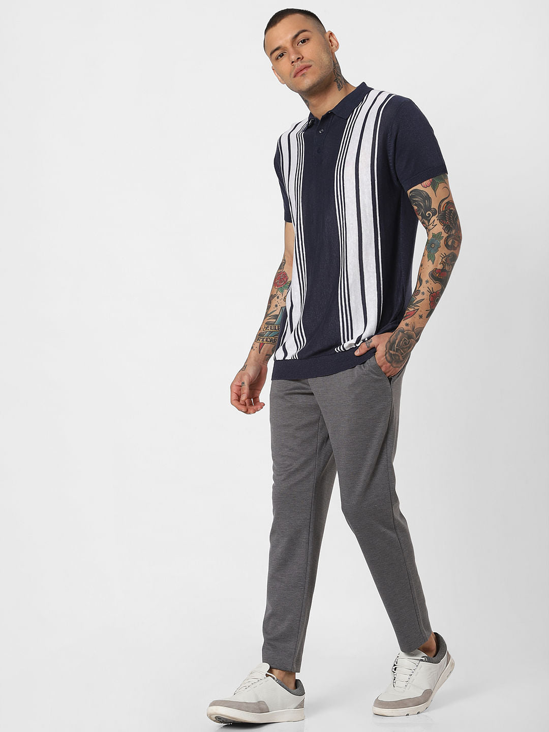 Blue Striped Polo Neck T-Shirt