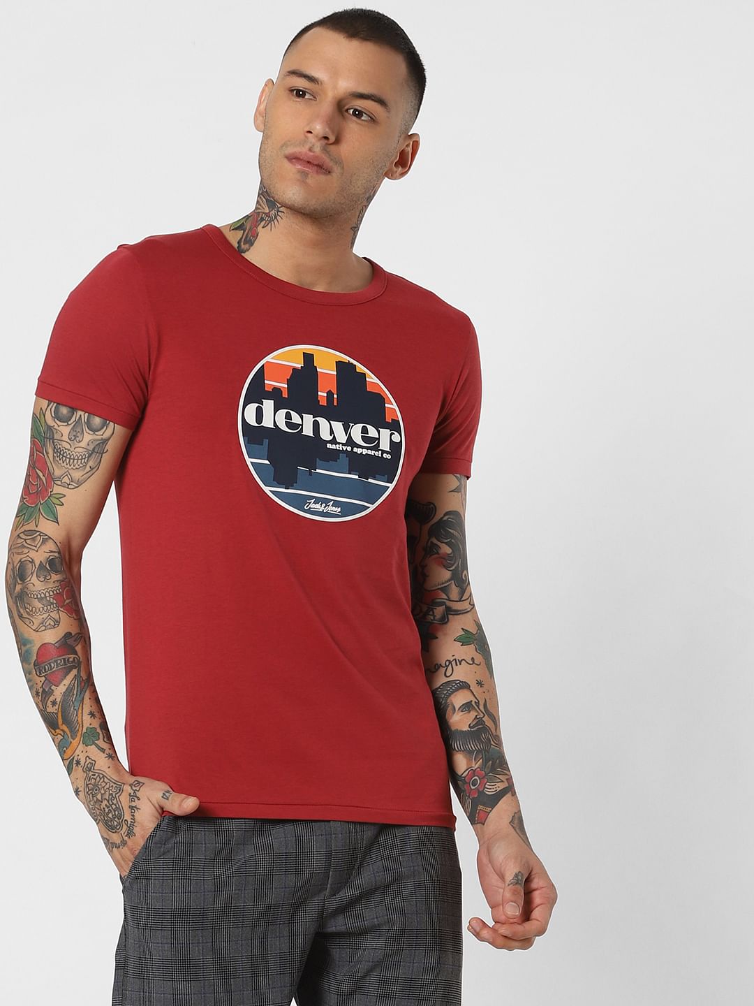 Red Denver Text Print Crew Neck T-Shirt - S