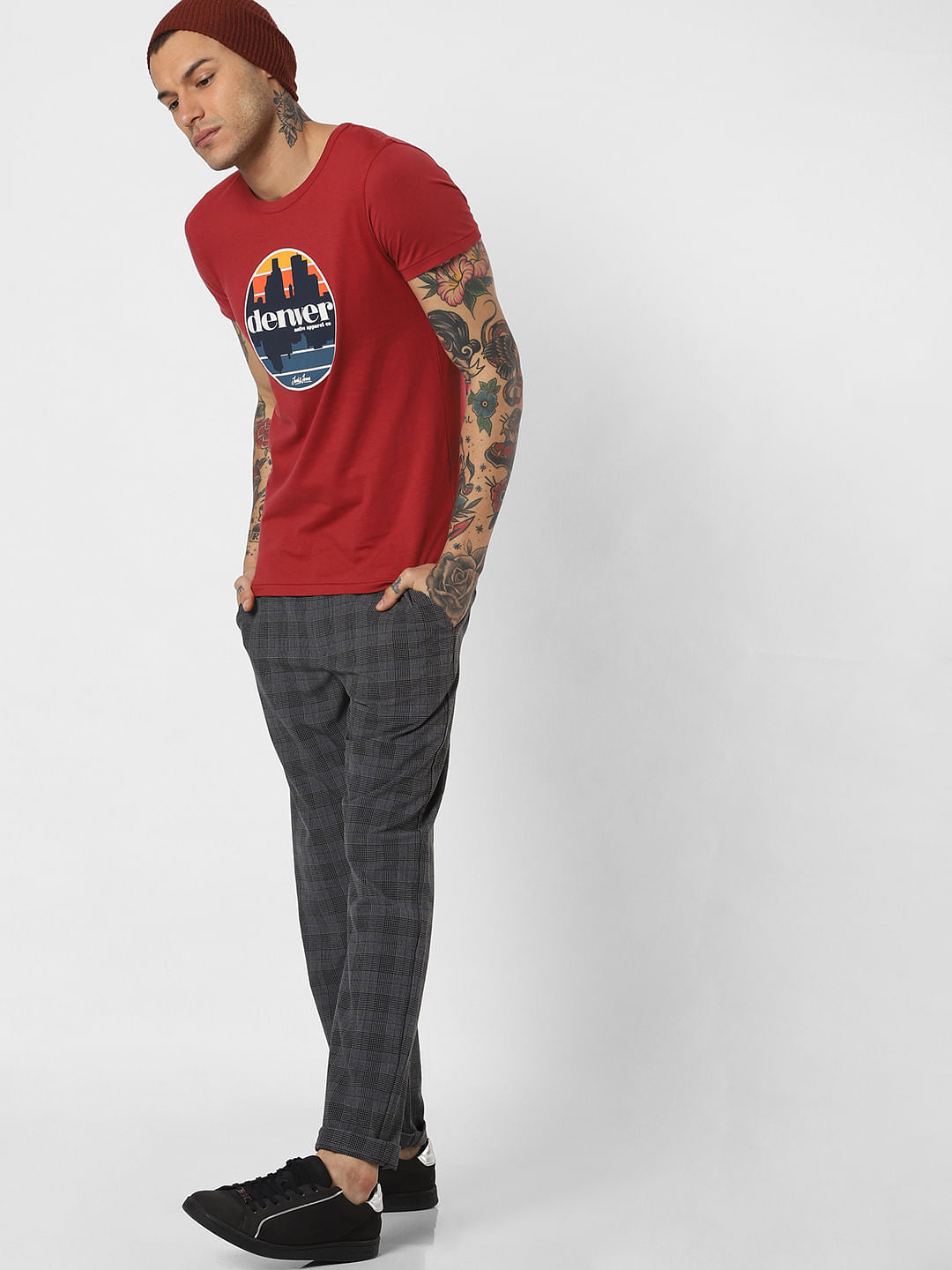 Red Denver Text Print Crew Neck T-Shirt