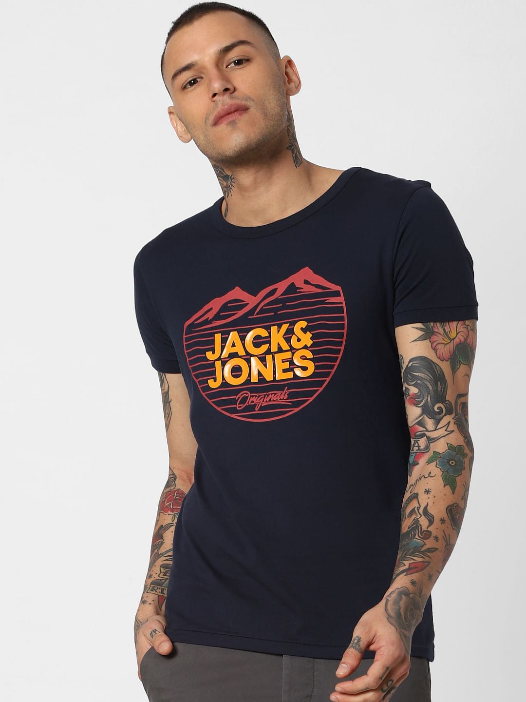 Navy Blue Logo Print Crew Neck T-Shirt - S