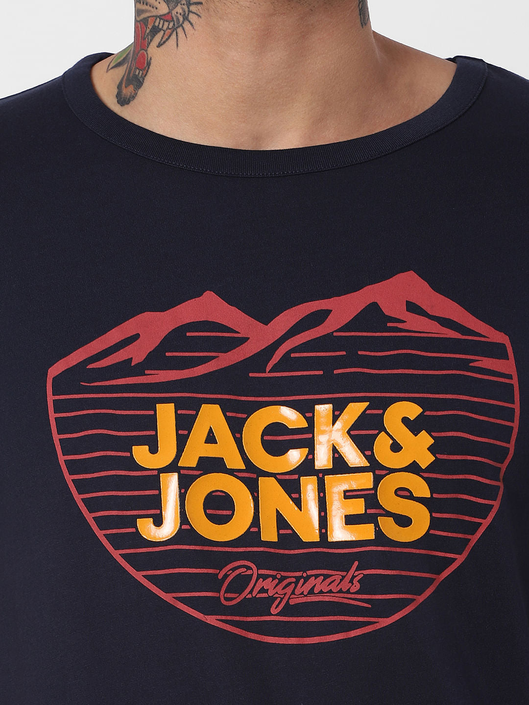 Navy Blue Logo Print Crew Neck T-Shirt