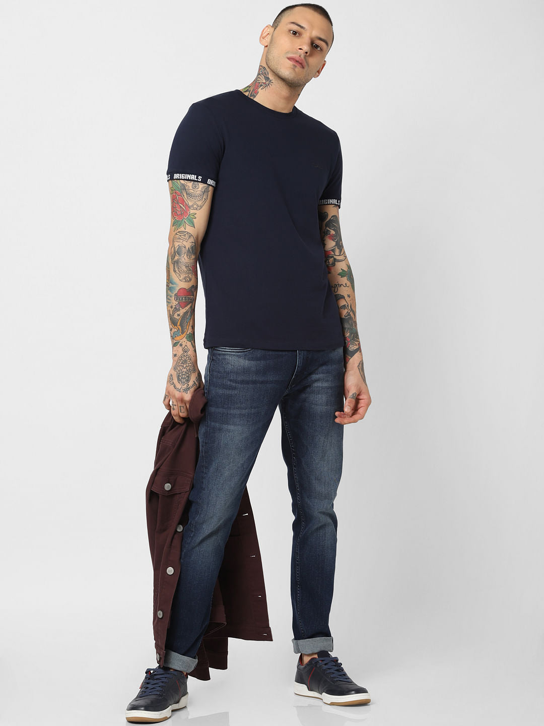 Navy Blue Logo Print Crew Neck T-Shirt - S