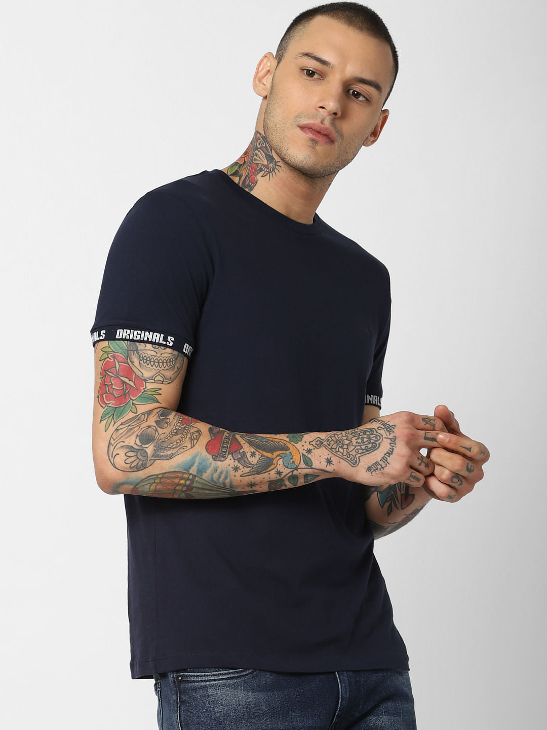 Navy Blue Logo Print Crew Neck T-Shirt
