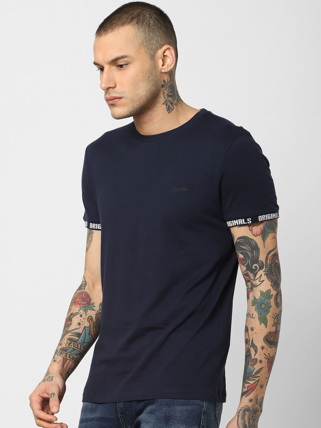 Navy Blue Logo Print Crew Neck T-Shirt