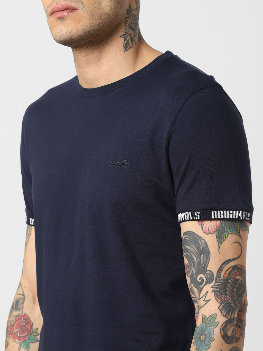 Navy Blue Logo Print Crew Neck T-Shirt