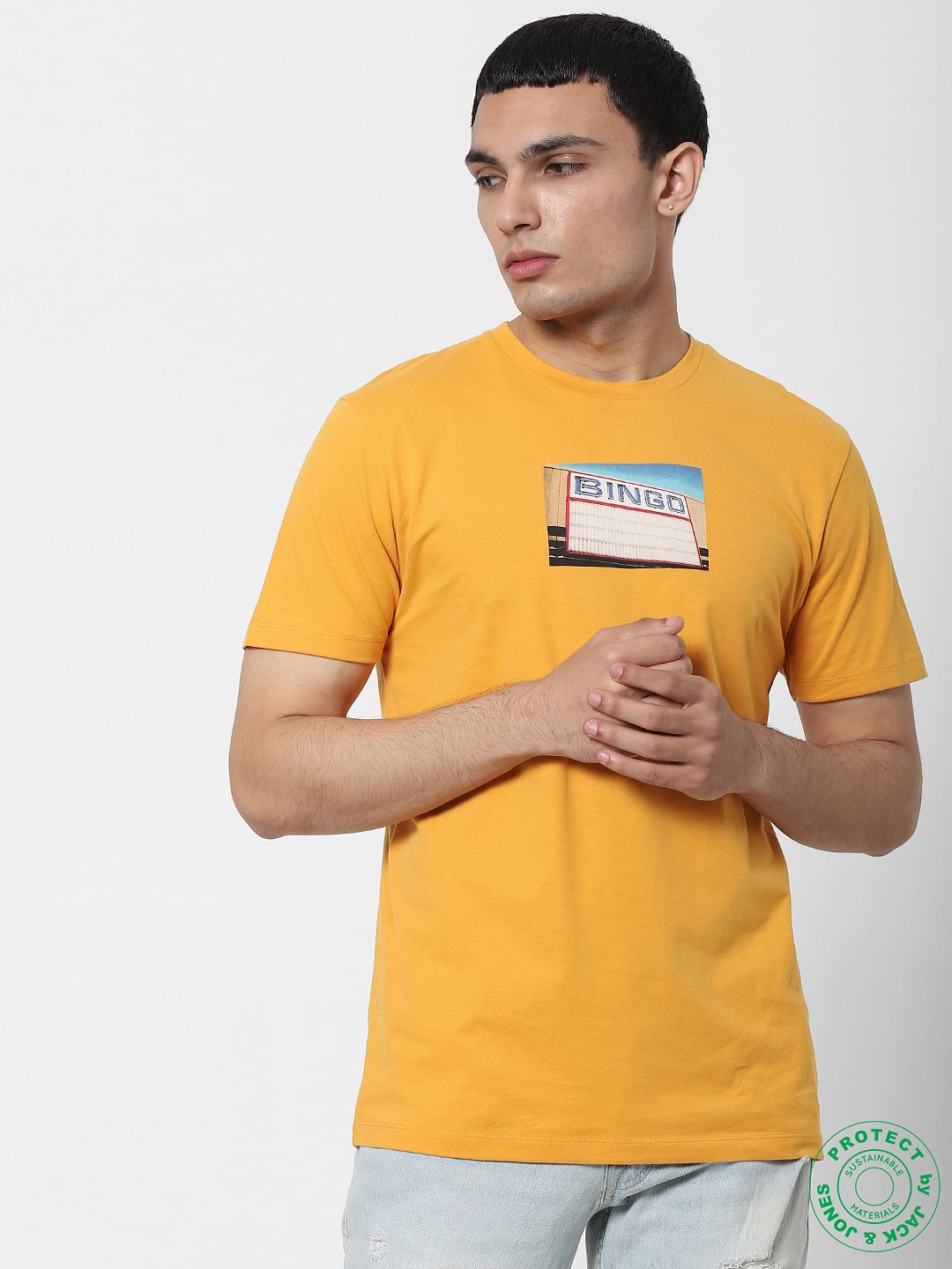 Yellow Graphic Print Crew Neck T-Shirt - S