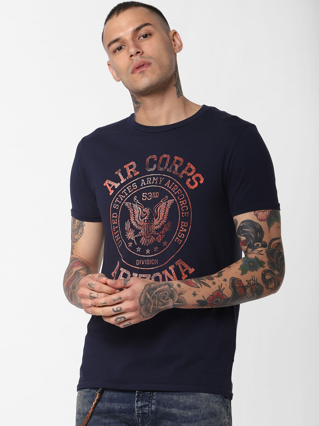 Navy Blue Text Print Crew Neck T-Shirt - S